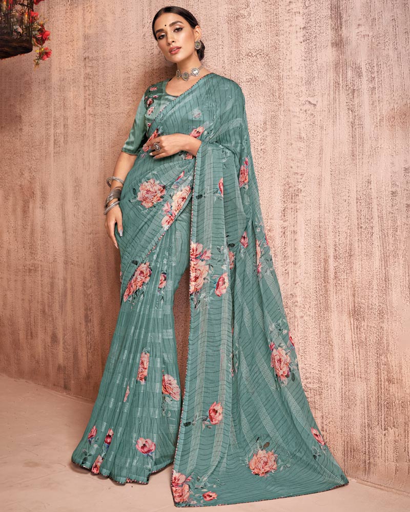 Vishal Prints Pastel Teal Green Fancy Chiffon Digital Print Saree