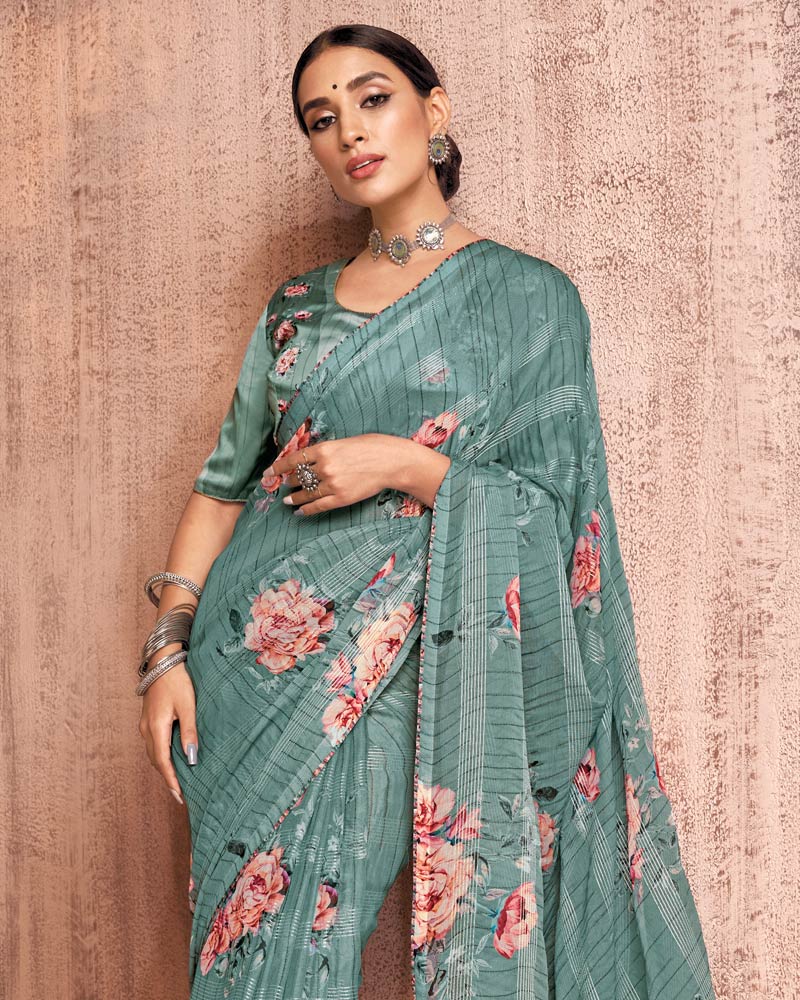 Vishal Prints Pastel Teal Green Fancy Chiffon Digital Print Saree