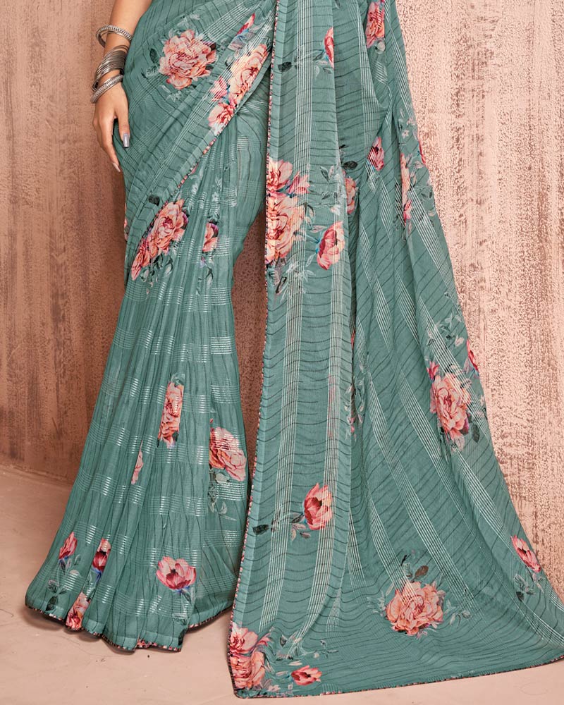 Vishal Prints Pastel Teal Green Fancy Chiffon Digital Print Saree