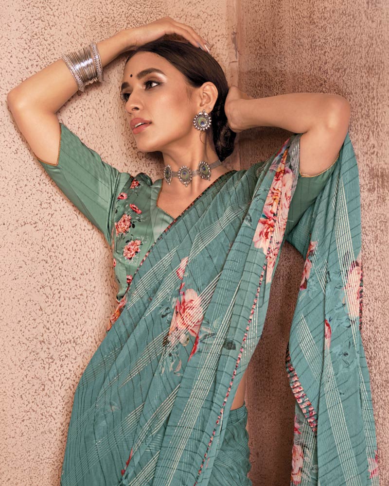 Vishal Prints Pastel Teal Green Fancy Chiffon Digital Print Saree
