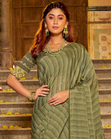 Vishal Prints Sage Green Designer Patterned Chiffon Saree With Embroidery And Diamond Work