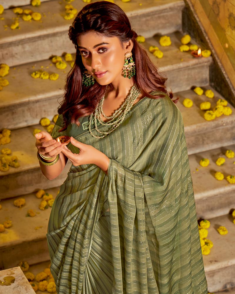 Vishal Prints Sage Green Designer Patterned Chiffon Saree With Embroidery And Diamond Work