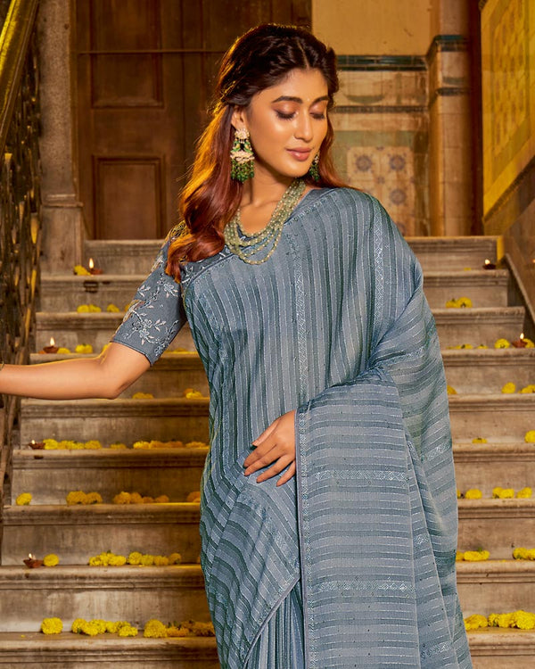 Vishal Prints Cool Grey Designer Patterned Chiffon Saree With Embroidery And Diamond Work