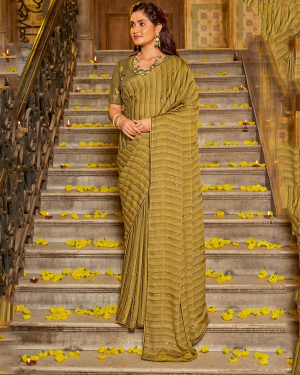 Vishal Prints Mustard Designer Patterned Chiffon Saree With Embroidery And Diamond Work