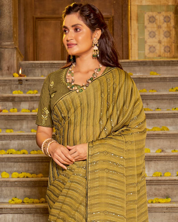 Vishal Prints Mustard Designer Patterned Chiffon Saree With Embroidery And Diamond Work