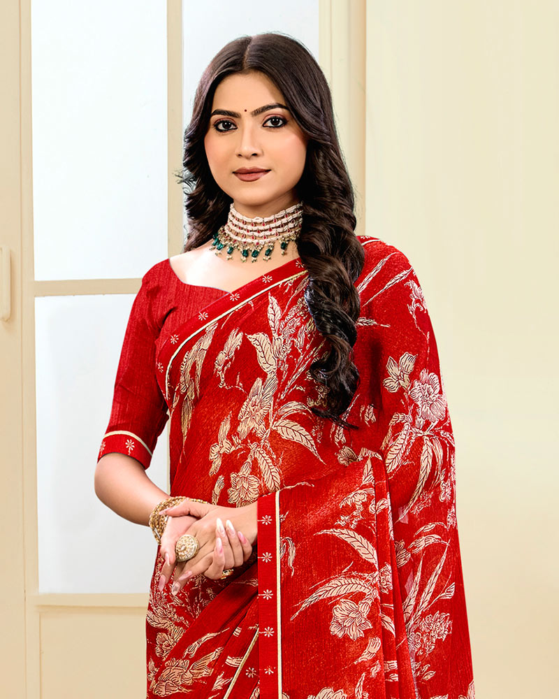 Vishal Prints Chili Red Printed Chiffon Saree With Fancy Border