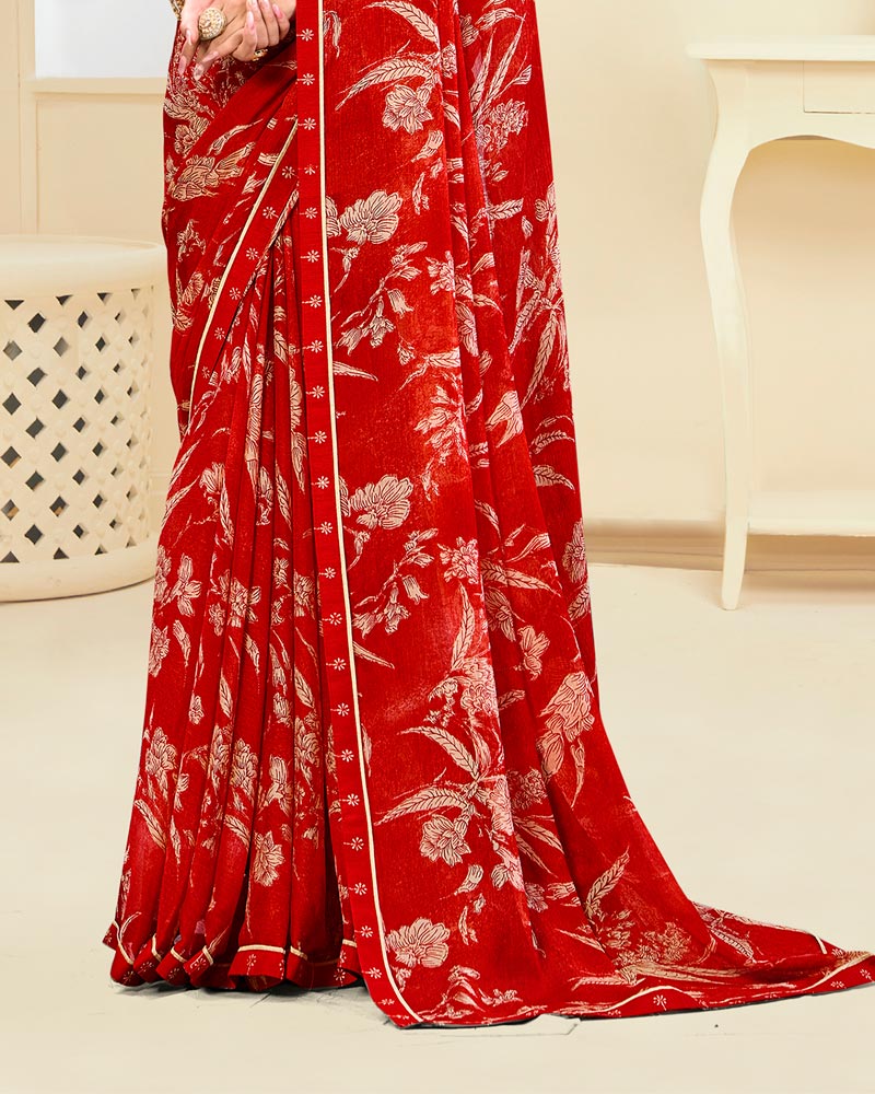 Vishal Prints Chili Red Printed Chiffon Saree With Fancy Border
