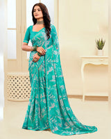 Vishal Prints Dark Turquoise Green Printed Chiffon Saree With Fancy Border