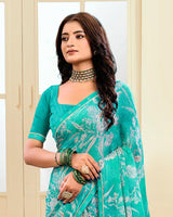 Vishal Prints Dark Turquoise Green Printed Chiffon Saree With Fancy Border