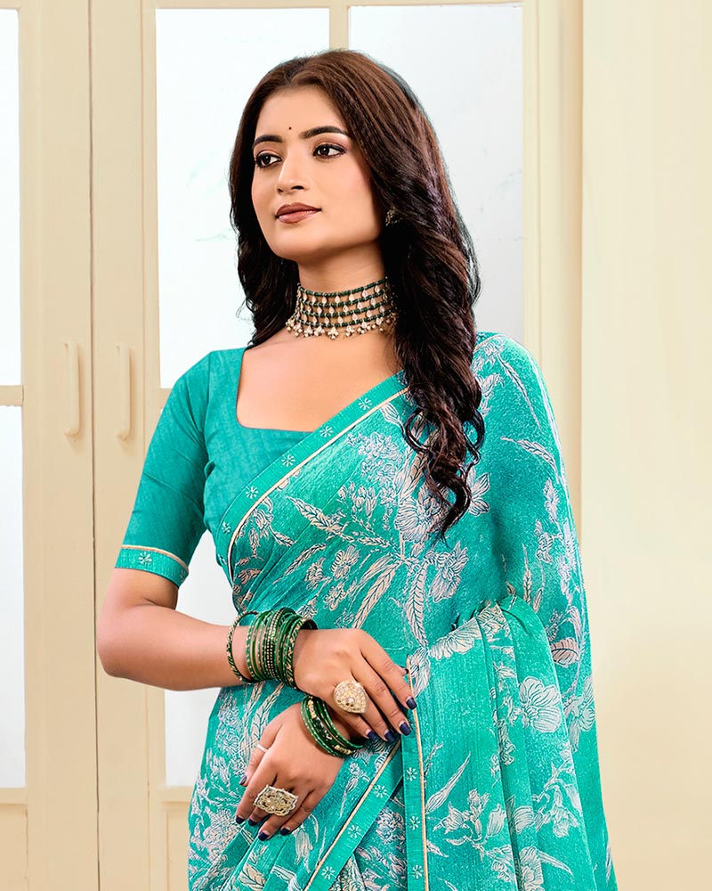Vishal Prints Dark Turquoise Green Printed Chiffon Saree With Fancy Border