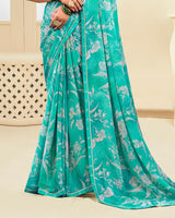 Vishal Prints Dark Turquoise Green Printed Chiffon Saree With Fancy Border