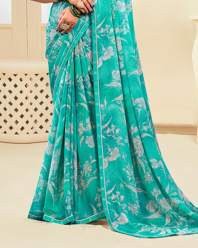 Vishal Prints Dark Turquoise Green Printed Chiffon Saree With Fancy Border