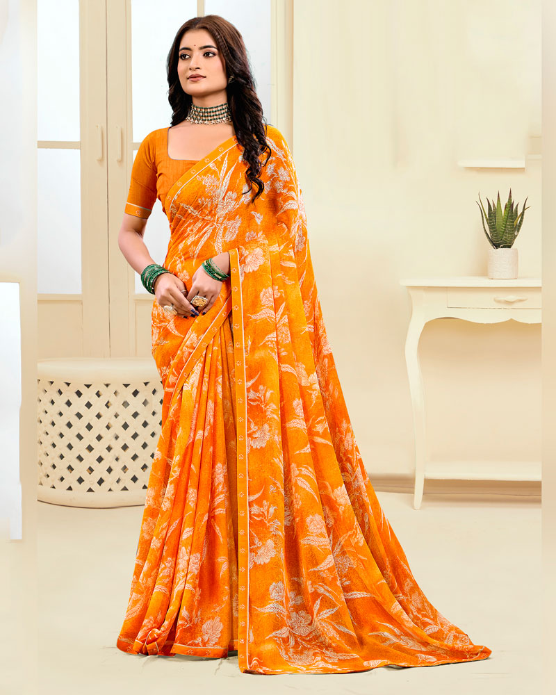 Vishal Prints Carrot Orange Printed Chiffon Saree With Fancy Border