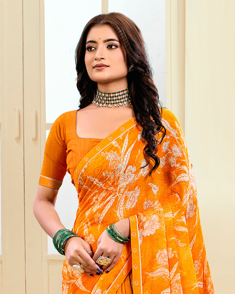 Vishal Prints Carrot Orange Printed Chiffon Saree With Fancy Border