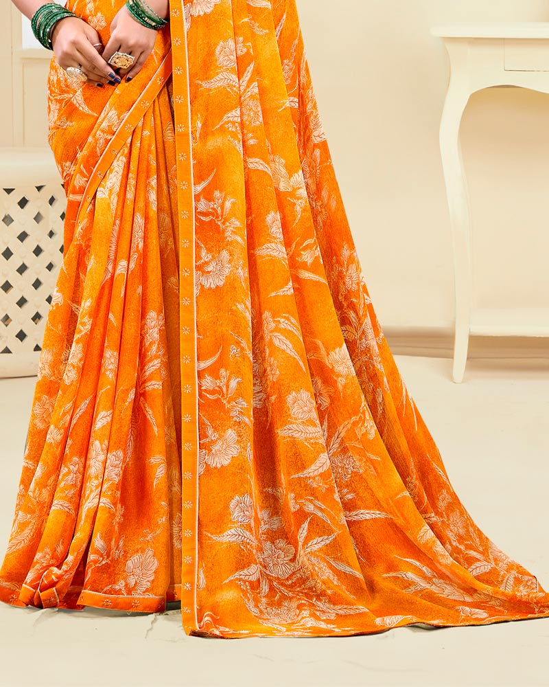 Vishal Prints Carrot Orange Printed Chiffon Saree With Fancy Border