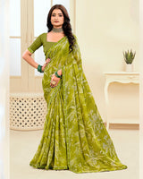 Vishal Prints Light Olive Green Printed Chiffon Saree With Fancy Border