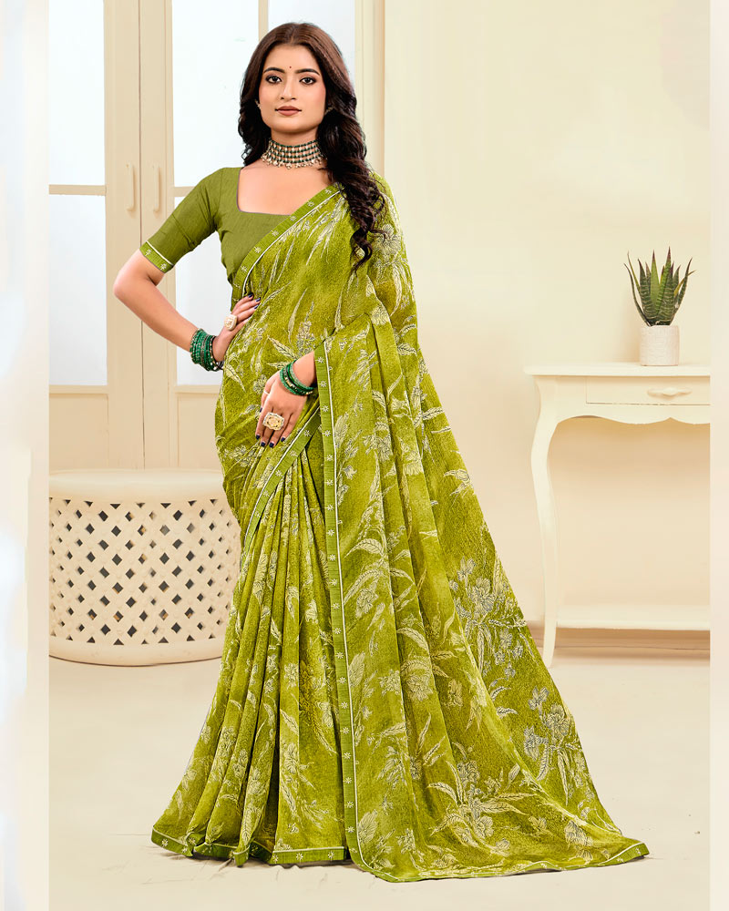 Vishal Prints Light Olive Green Printed Chiffon Saree With Fancy Border