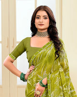 Vishal Prints Light Olive Green Printed Chiffon Saree With Fancy Border