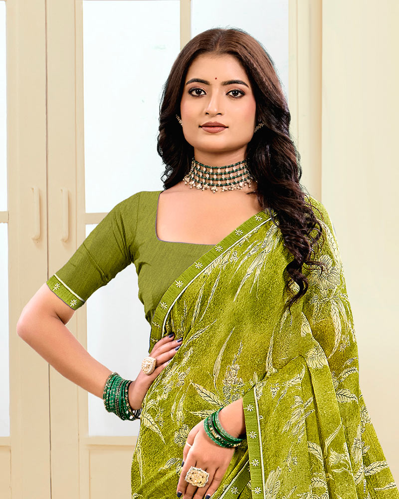Vishal Prints Light Olive Green Printed Chiffon Saree With Fancy Border