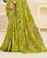 Vishal Prints Light Olive Green Printed Chiffon Saree With Fancy Border