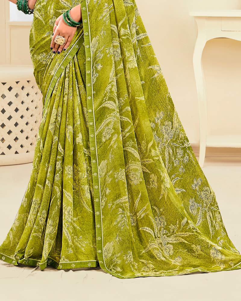 Vishal Prints Light Olive Green Printed Chiffon Saree With Fancy Border