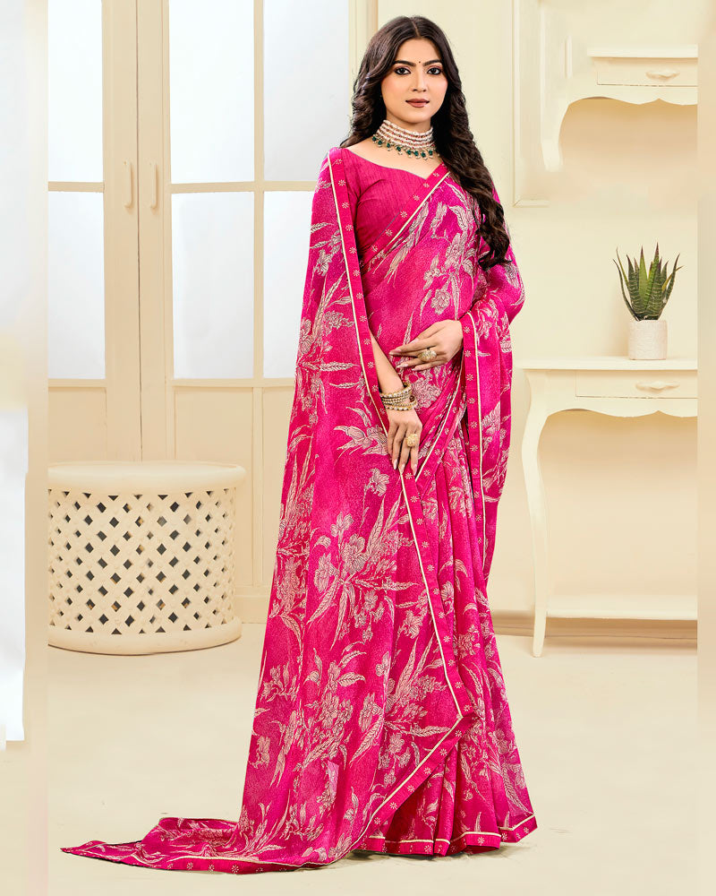 Vishal Prints Raspberry Pink Printed Chiffon Saree With Fancy Border