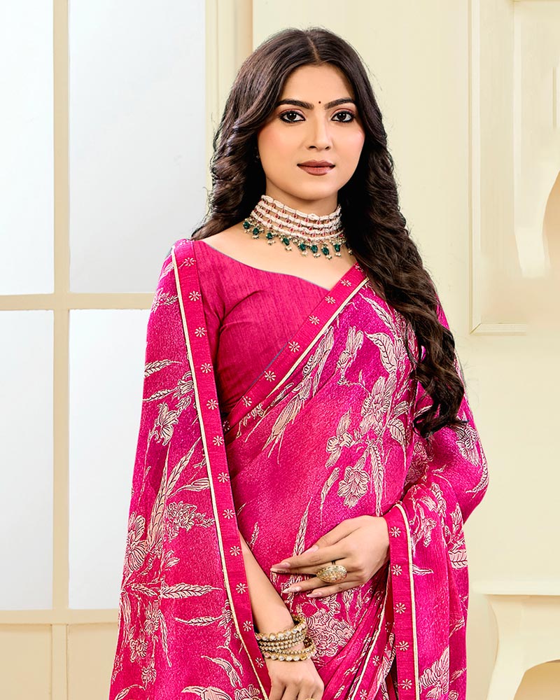 Vishal Prints Raspberry Pink Printed Chiffon Saree With Fancy Border