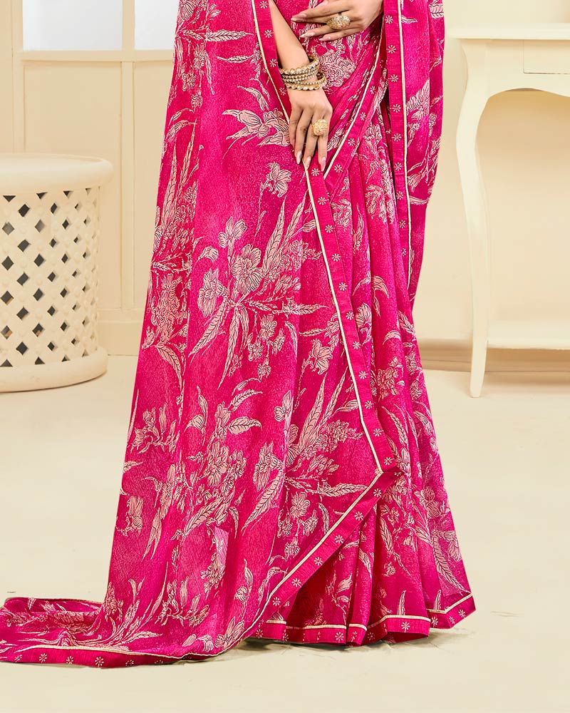 Vishal Prints Raspberry Pink Printed Chiffon Saree With Fancy Border
