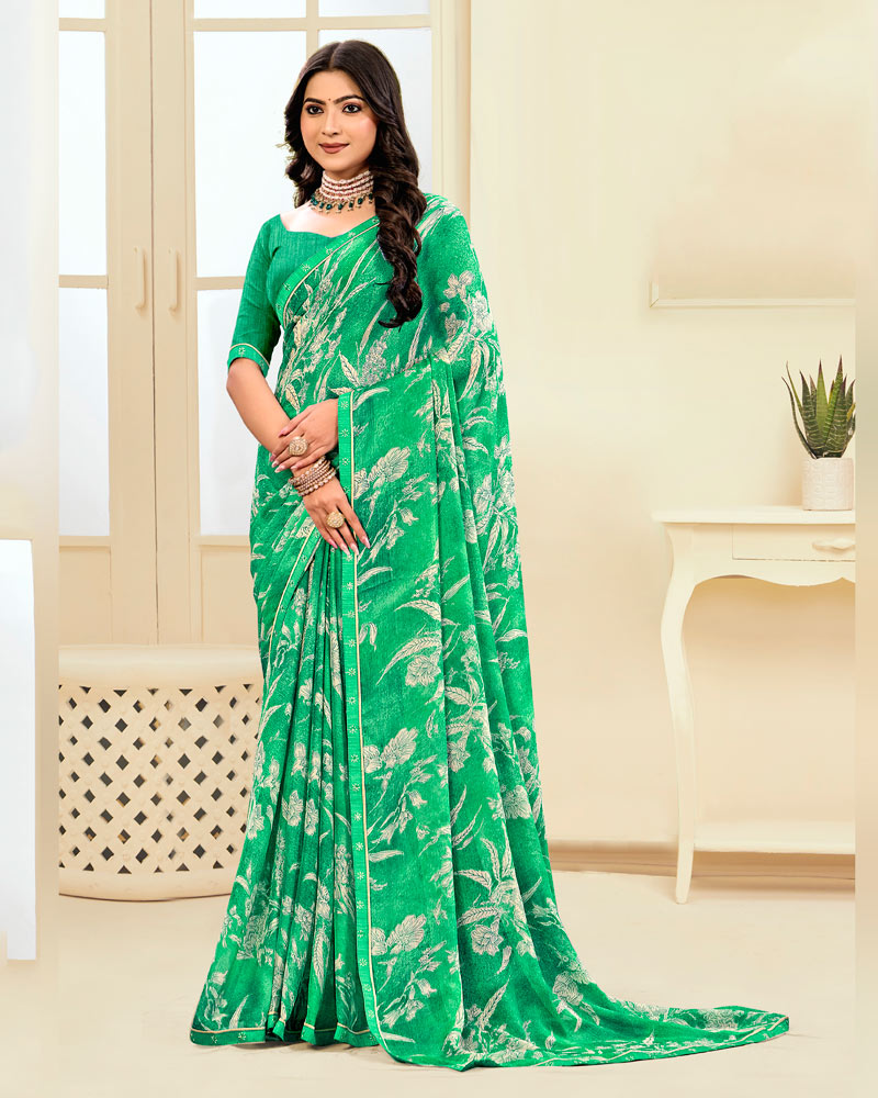 Vishal Prints Dark Mint Green Printed Chiffon Saree With Fancy Border