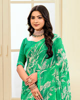 Vishal Prints Dark Mint Green Printed Chiffon Saree With Fancy Border