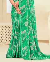Vishal Prints Dark Mint Green Printed Chiffon Saree With Fancy Border