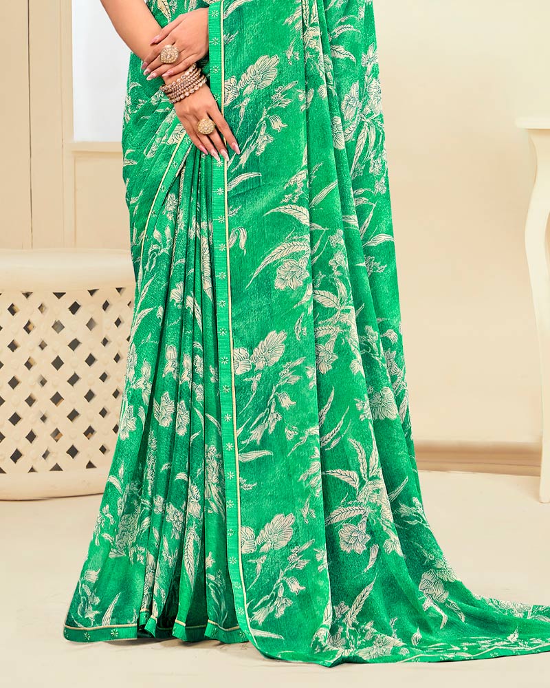 Vishal Prints Dark Mint Green Printed Chiffon Saree With Fancy Border