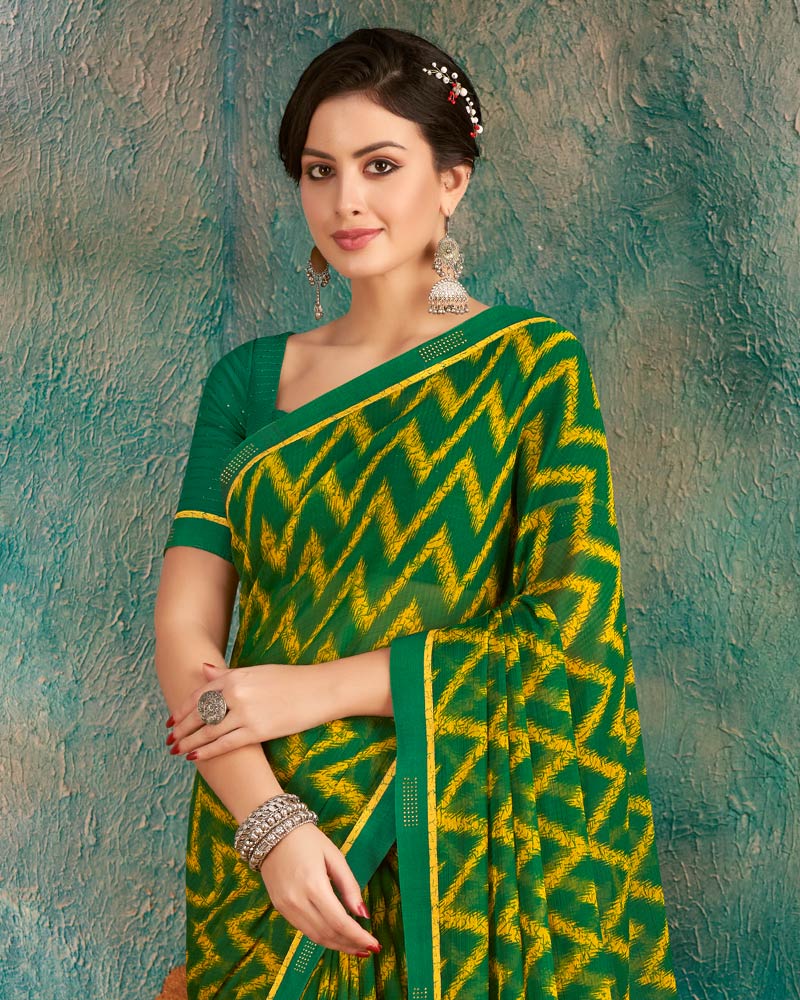 Vishal Prints Green Printed Chiffon Saree With Fancy Border