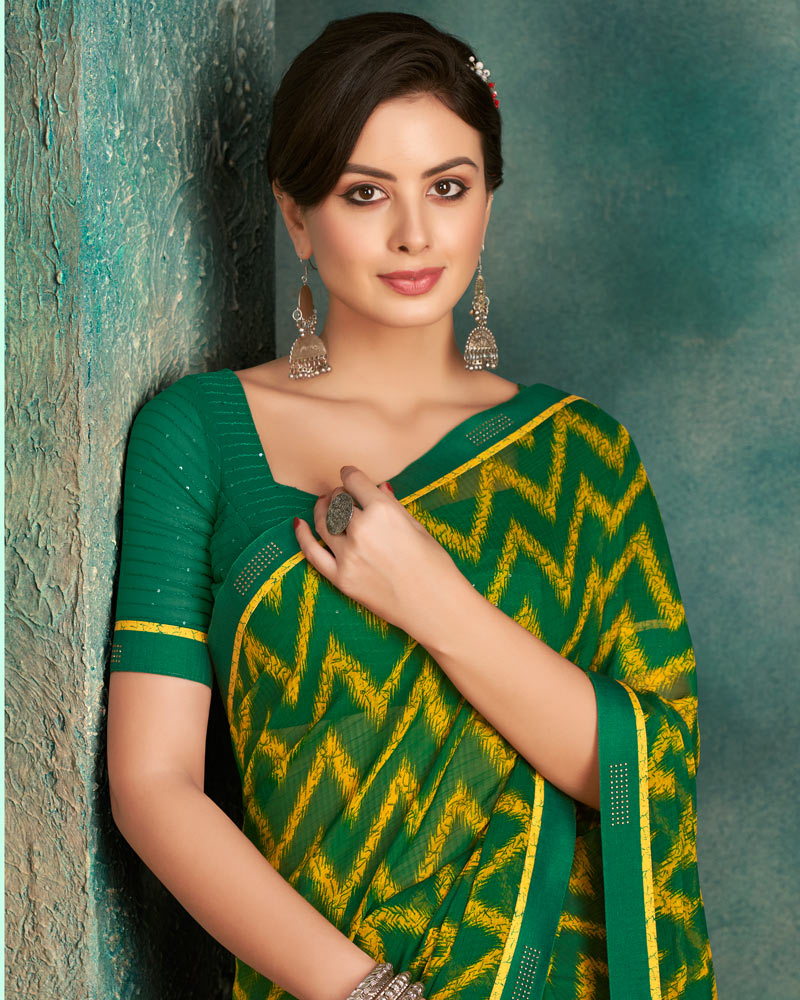 Vishal Prints Green Printed Chiffon Saree With Fancy Border