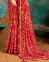 Vishal Prints Cherry Red Printed Chiffon Saree With Fancy Border