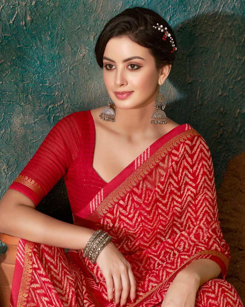 Vishal Prints Cherry Red Printed Chiffon Saree With Fancy Border