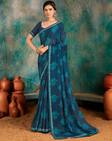 Vishal Prints San Juan Blue Printed Chiffon Saree With Fancy Border