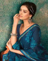 Vishal Prints San Juan Blue Printed Chiffon Saree With Fancy Border