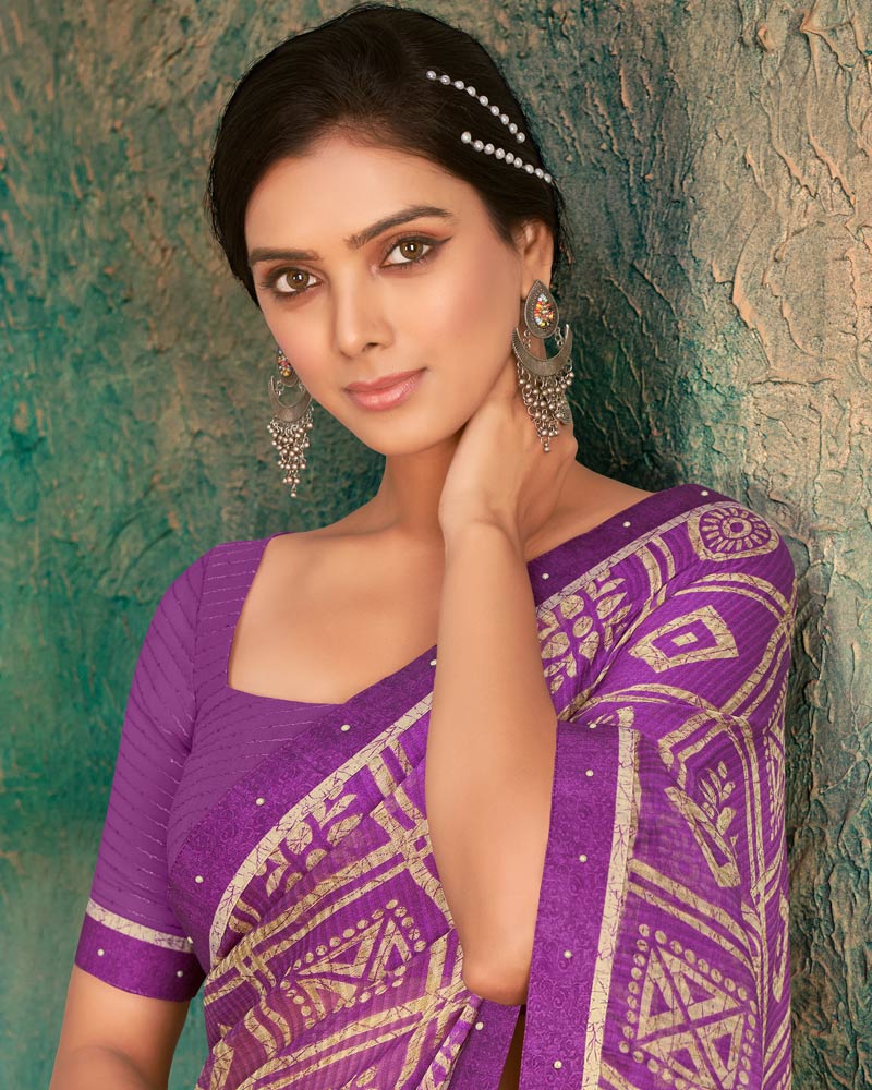 Vishal Prints Deep Magenta Printed Chiffon Saree With Fancy Border