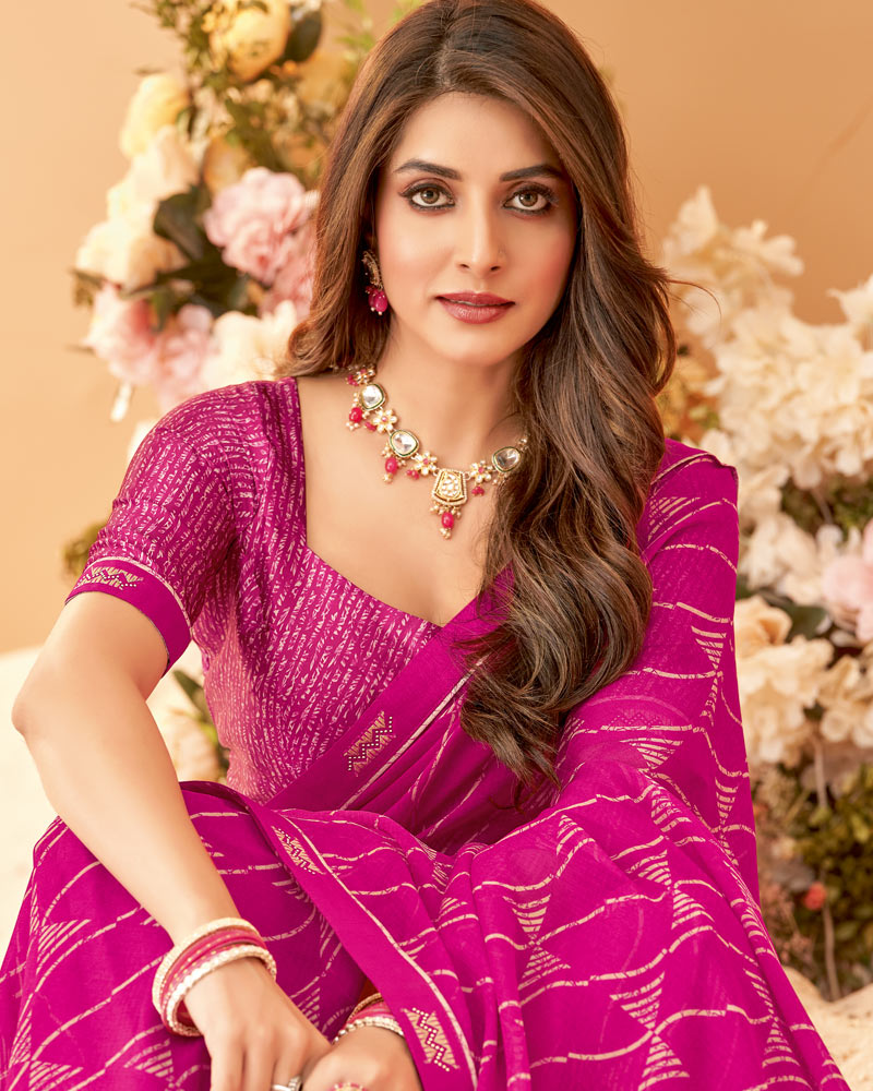 Vishal Prints Dark Fuchsia Printed Chiffon Saree With Fancy Border