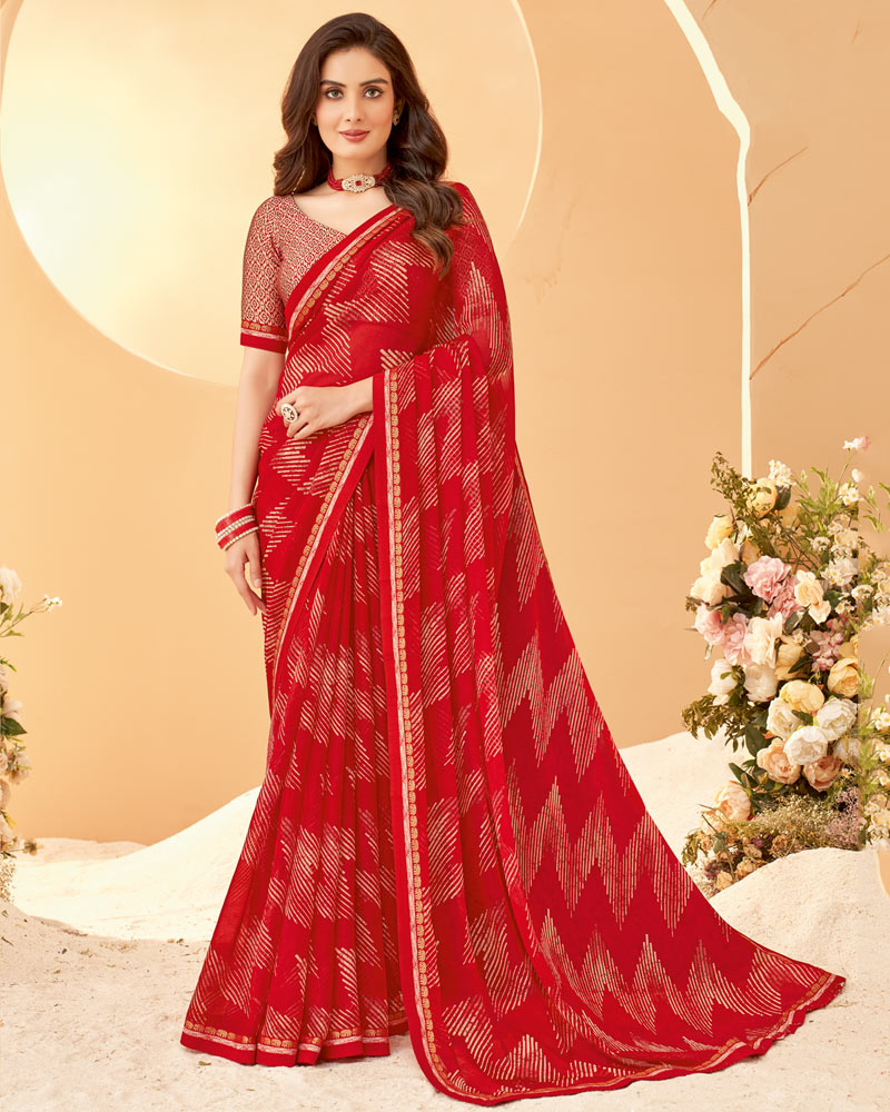 Vishal Prints Dark Red Printed Chiffon Saree With Fancy Border