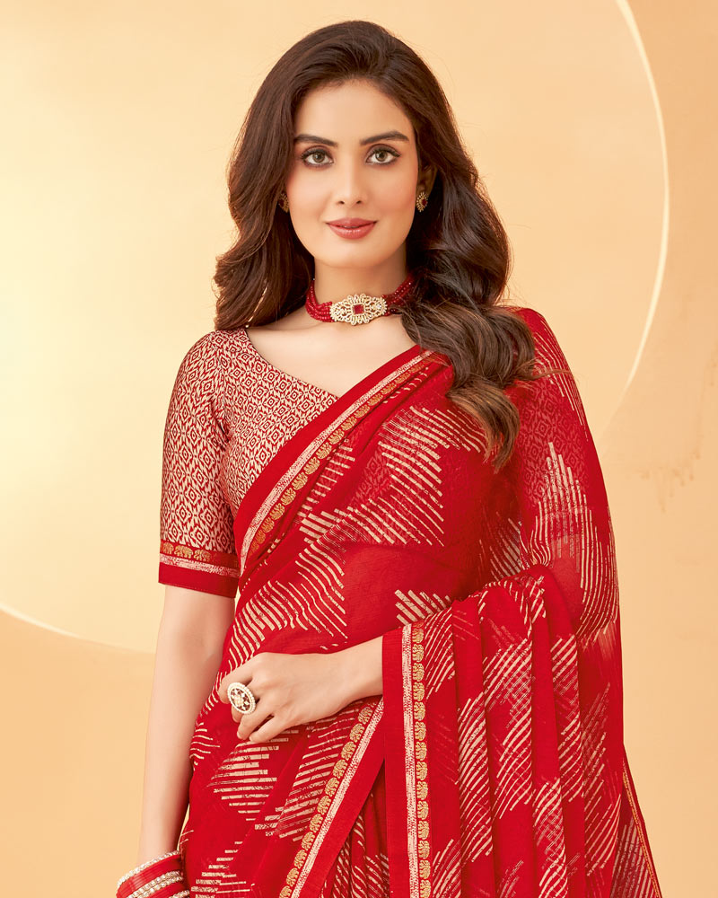 Vishal Prints Dark Red Printed Chiffon Saree With Fancy Border