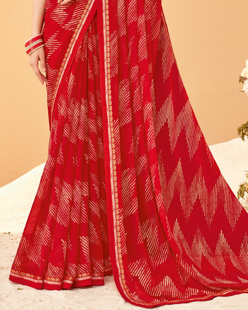 Vishal Prints Dark Red Printed Chiffon Saree With Fancy Border