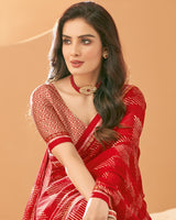Vishal Prints Dark Red Printed Chiffon Saree With Fancy Border