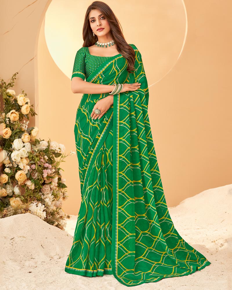 Vishal Prints Dark Green Printed Chiffon Saree With Fancy Border