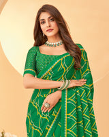 Vishal Prints Dark Green Printed Chiffon Saree With Fancy Border