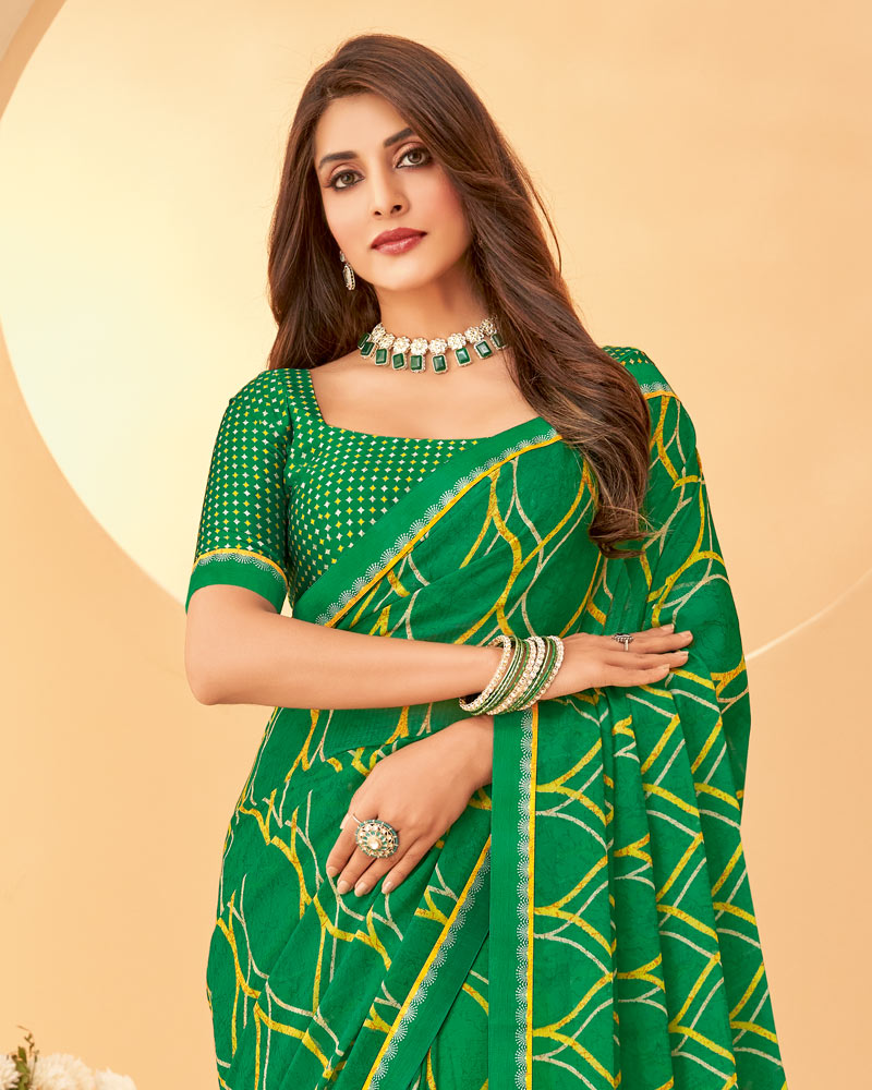 Vishal Prints Dark Green Printed Chiffon Saree With Fancy Border