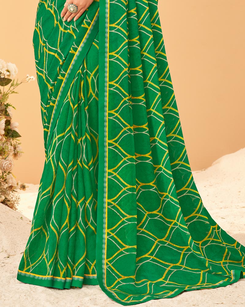 Vishal Prints Dark Green Printed Chiffon Saree With Fancy Border