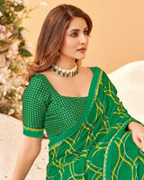 Vishal Prints Dark Green Printed Chiffon Saree With Fancy Border