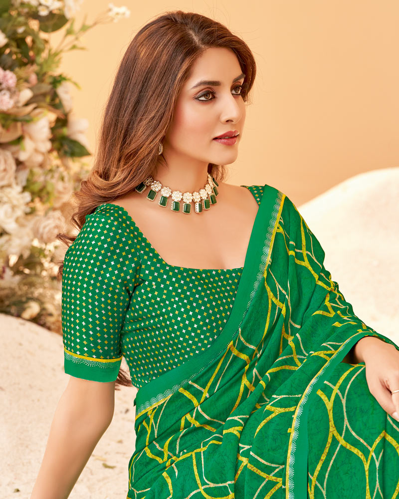 Vishal Prints Dark Green Printed Chiffon Saree With Fancy Border